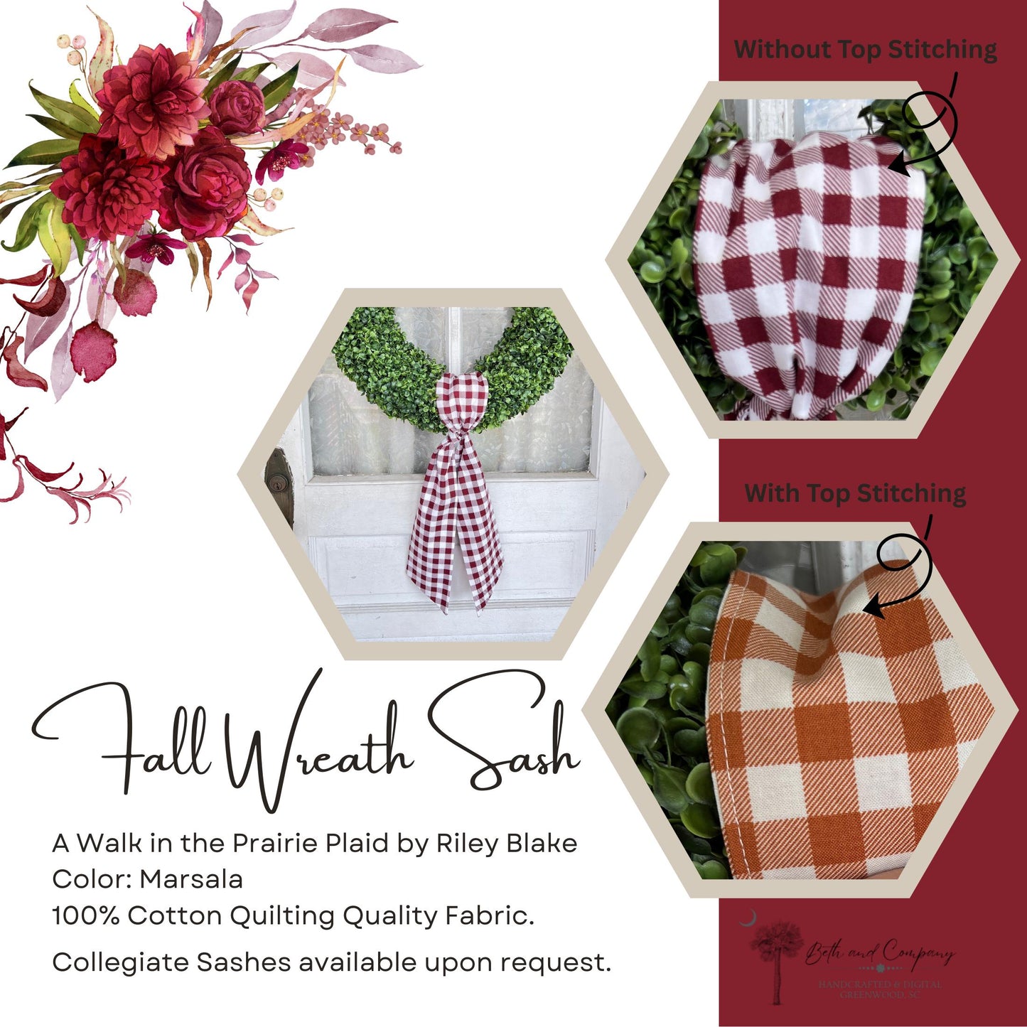 Fall Wreath Sash Maroon & White Plaid Wreath SC Gamecocks Front Door Decor Wreath Sash Handmade Fabric Sash Grand Millennial Style