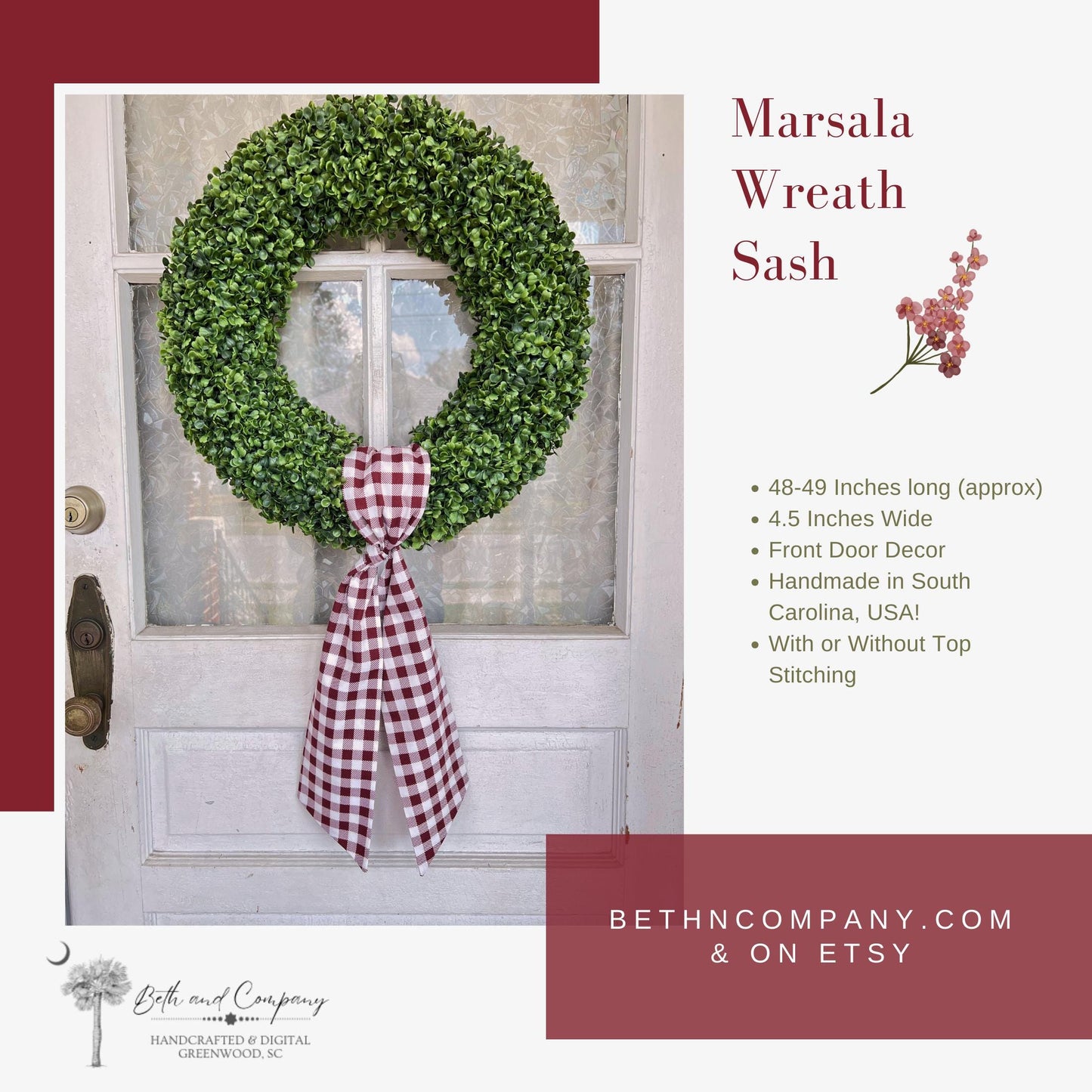 Fall Wreath Sash Maroon & White Plaid Wreath SC Gamecocks Front Door Decor Wreath Sash Handmade Fabric Sash Grand Millennial Style