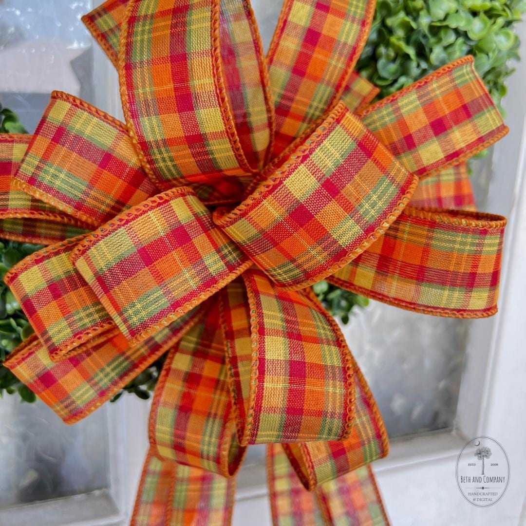 Fall Wreath Bow Autumn Decorations for Front Door Thanksgiving Decor Old School Plaid Bow 10 Inch Round Bow for Fall Orange Red Yellow Green