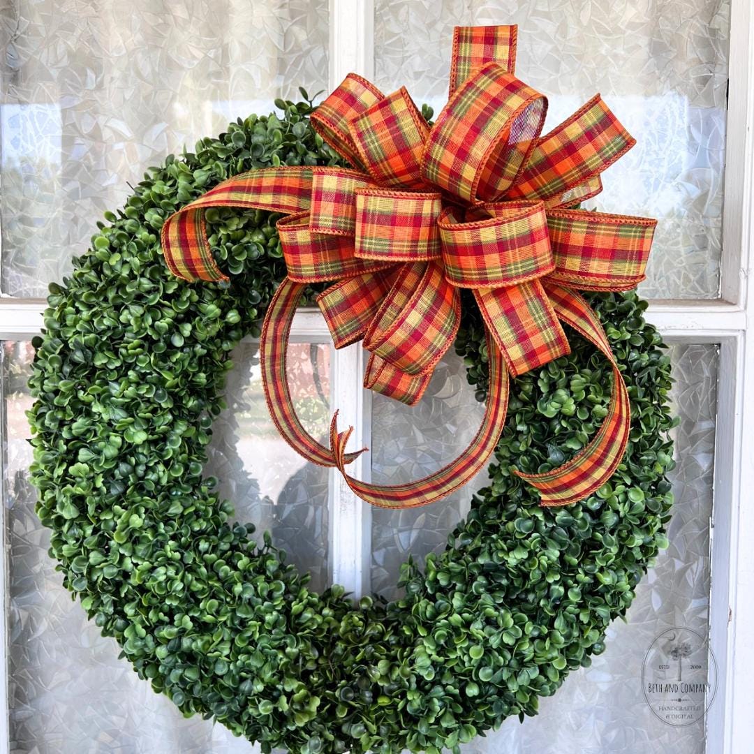 Fall Wreath Bow Autumn Decorations for Front Door Thanksgiving Decor Old School Plaid Bow 10 Inch Round Bow for Fall Orange Red Yellow Green