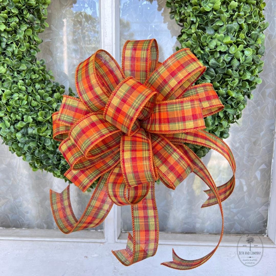 Fall Wreath Bow Autumn Decorations for Front Door Thanksgiving Decor Old School Plaid Bow 10 Inch Round Bow for Fall Orange Red Yellow Green