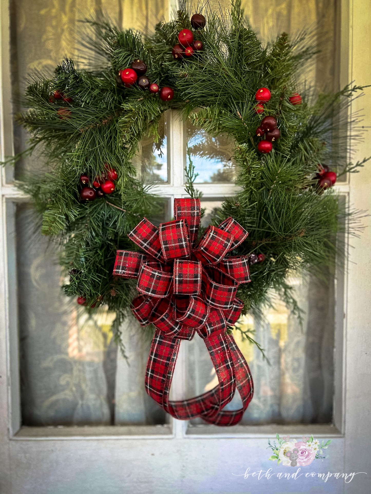 Christmas Bow | Santa Theme | Red Black White Plaid Wired Ribbon | Christmas Wreath Bow