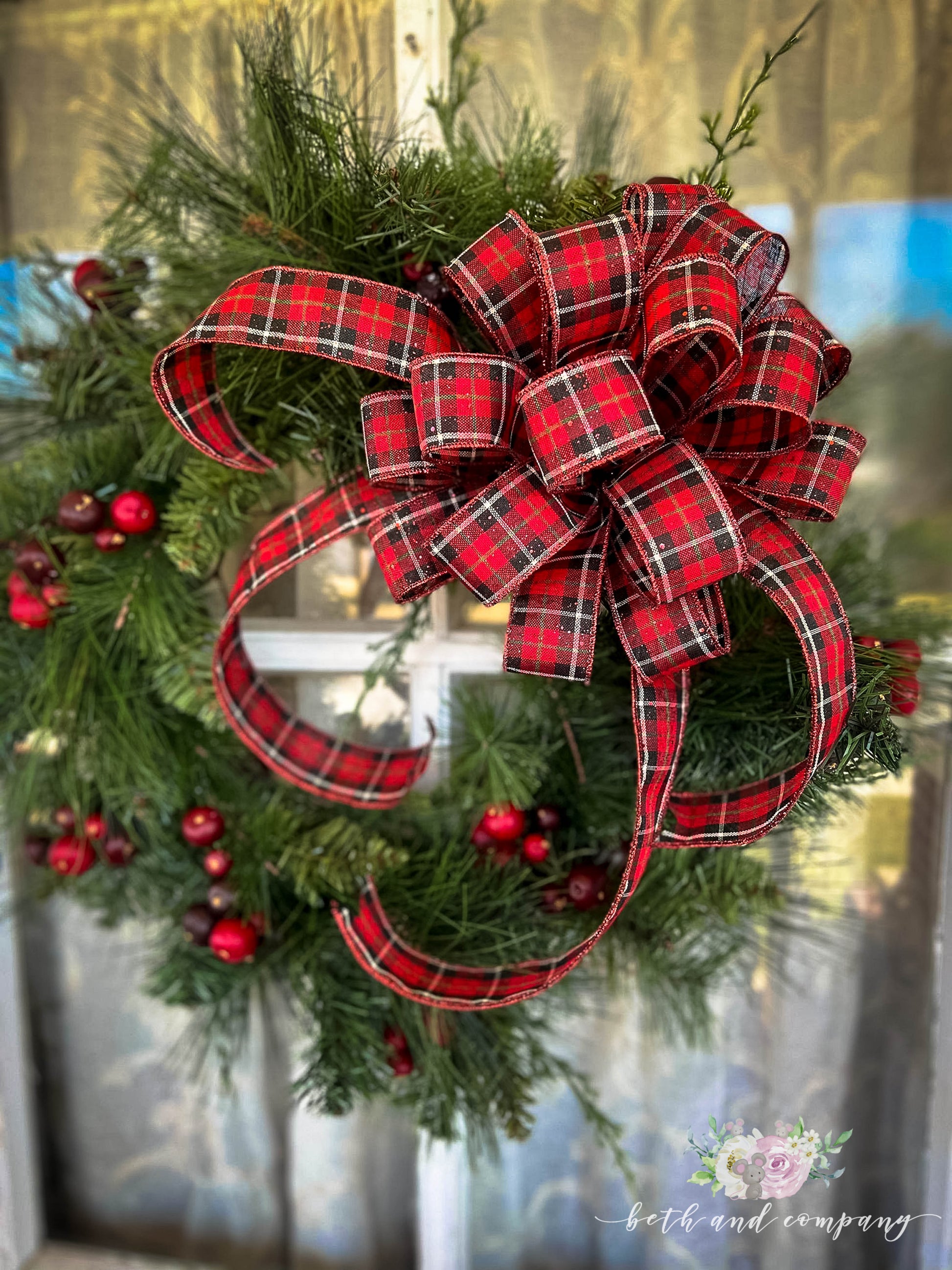 Christmas Bow | Santa Theme | Red Black White Plaid Wired Ribbon | Christmas Wreath Bow - Beth and Company