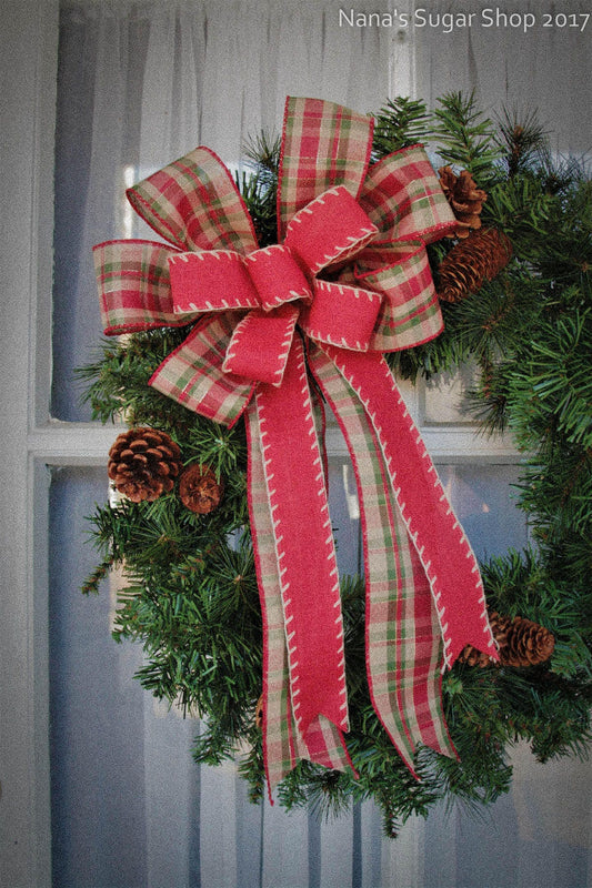 Country Plaid & Red wreath bow for front door, Plaid Bow, bows for wreaths, Rustic wreath bow,  Farmhouse wreath bow
