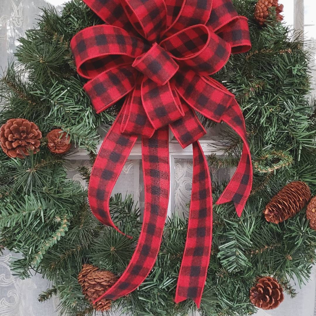 Red and Black Flannel Buffalo Plaid Wreath Bow, 1.5" wide ribbon, Farmhouse Wreath Bow