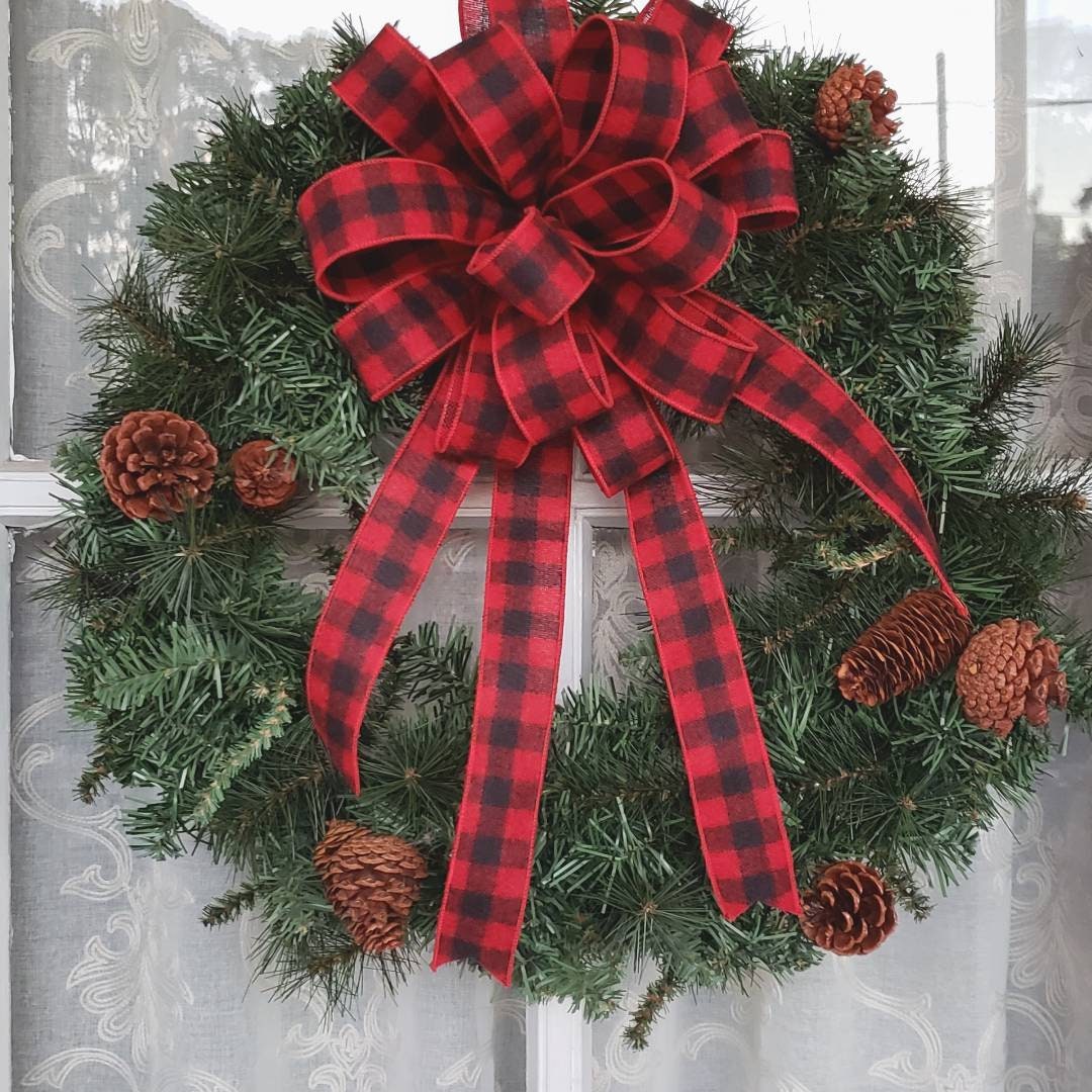 Red and Black Flannel Buffalo Plaid Wreath Bow, 1.5" wide ribbon, Farmhouse Wreath Bow