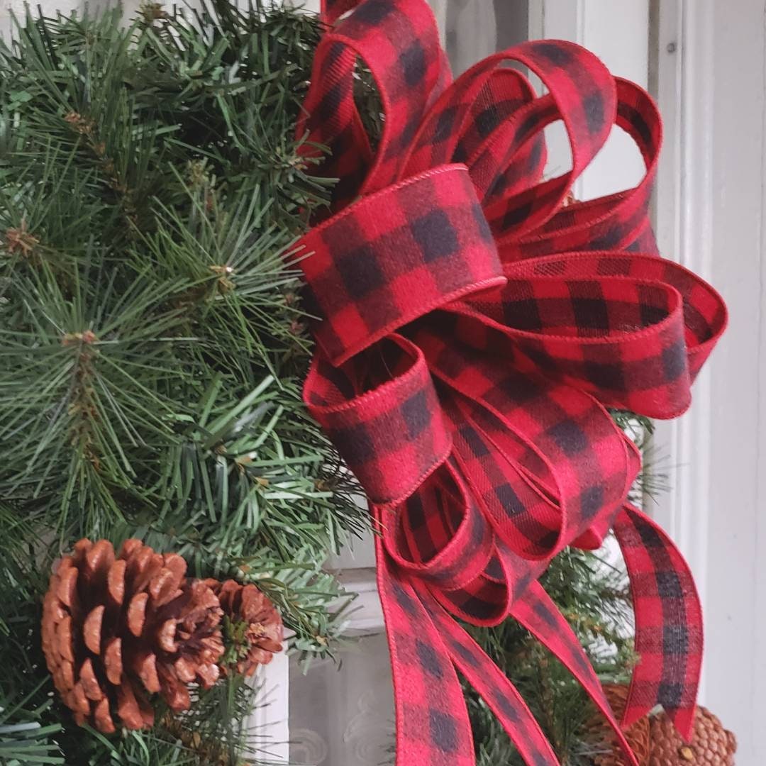 Red and Black Flannel Buffalo Plaid Wreath Bow, 1.5" wide ribbon, Farmhouse Wreath Bow