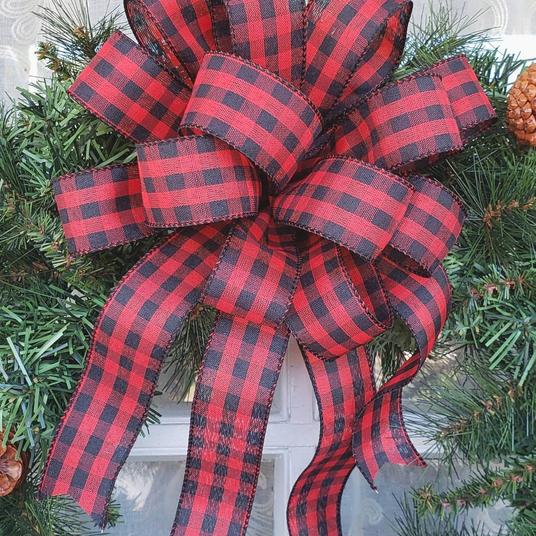 Red and Black Buffalo Plaid Wreath Bow, 1.5" ribbon, Christmas Lodge Wreath Bow, Red and Black Check, Mailbox Swag Bow, Rustic Wreath Bow
