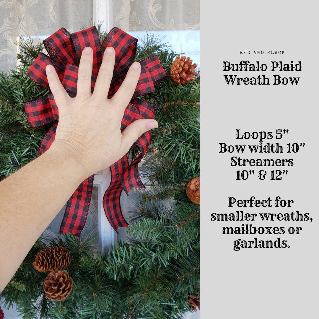 Red and Black Buffalo Plaid Wreath Bow, 1.5" ribbon, Christmas Lodge Wreath Bow, Red and Black Check, Mailbox Swag Bow, Rustic Wreath Bow