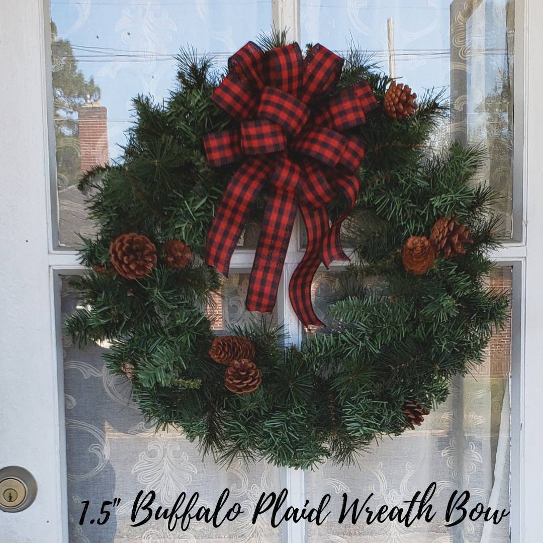 Red and Black Buffalo Plaid Wreath Bow, 1.5" ribbon, Christmas Lodge Wreath Bow, Red and Black Check, Mailbox Swag Bow, Rustic Wreath Bow