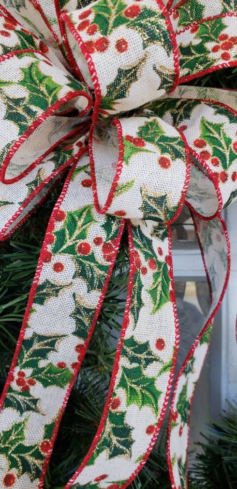 Christmas Holly Wreath Bow, Christmas Wreath Bow, Holly & Berries wreath bow, Christmas bows for front door wreaths, Christmas Tree Topper