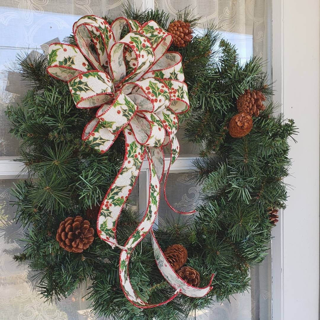 Christmas Holly Wreath Bow, Christmas Wreath Bow, Holly & Berries wreath bow, Christmas bows for front door wreaths, Christmas Tree Topper