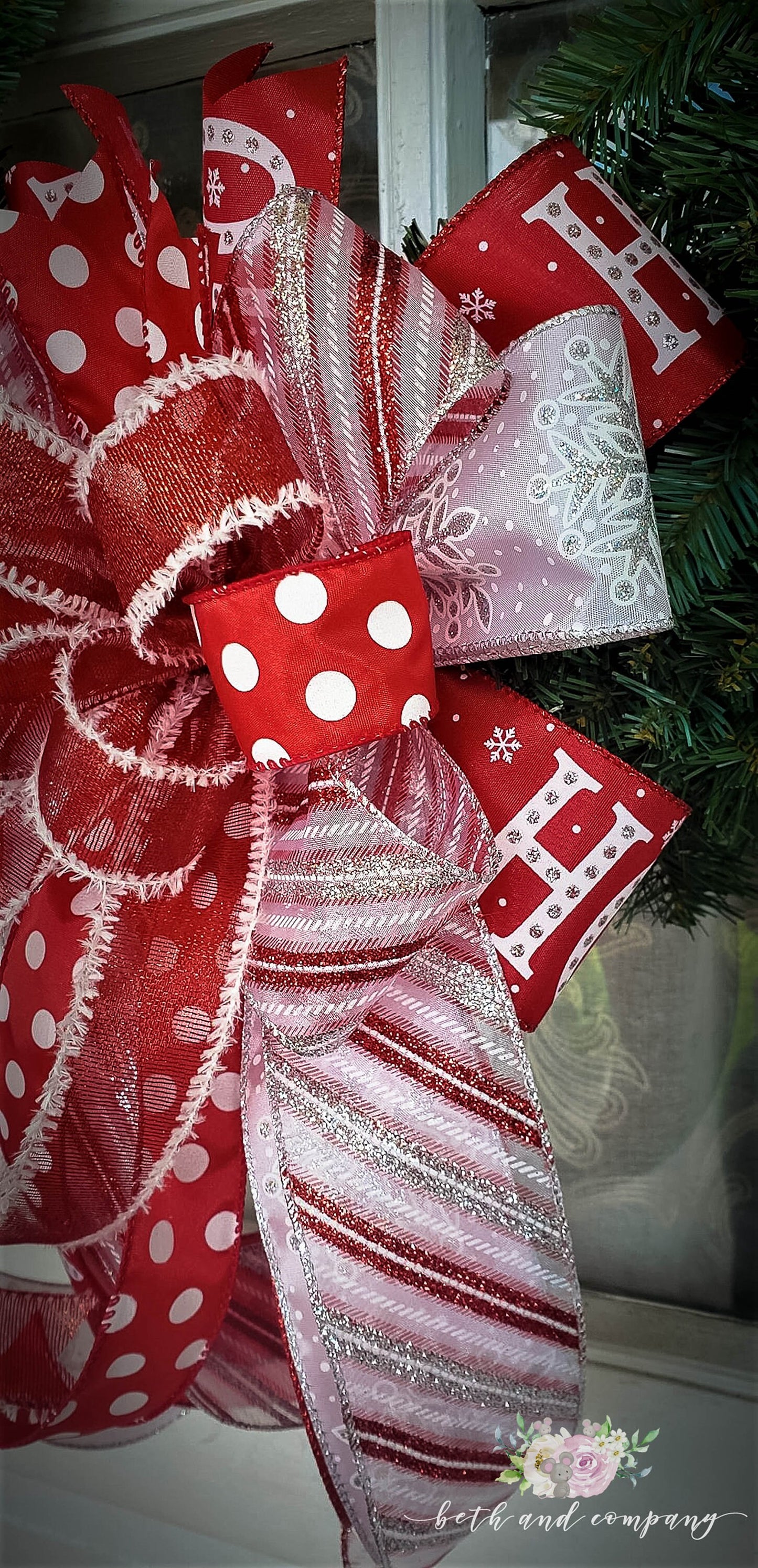 HO HO HO Red and White Wreath Bow, Candy Cane Bow
