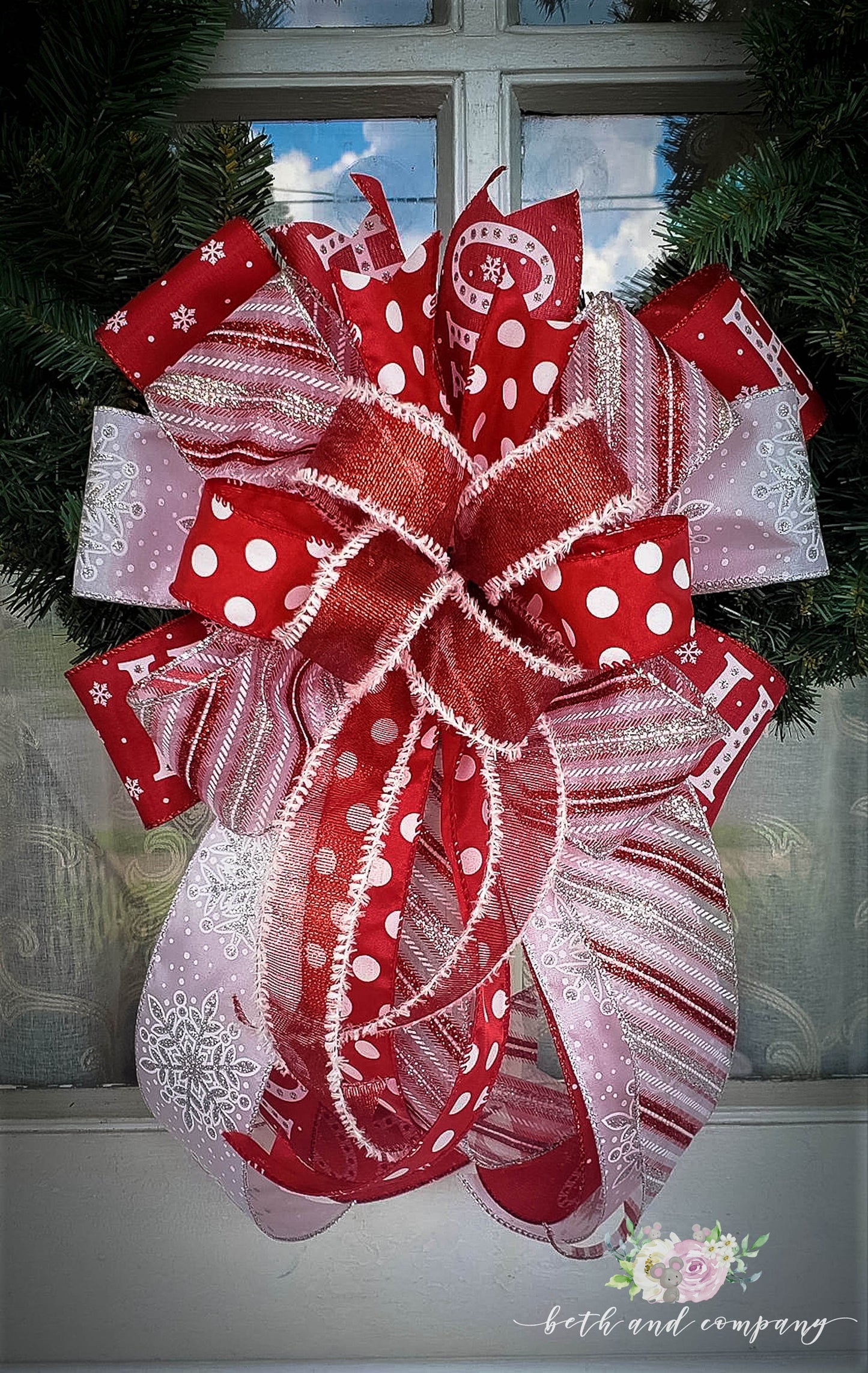 HO HO HO Red and White Wreath Bow, Candy Cane Bow