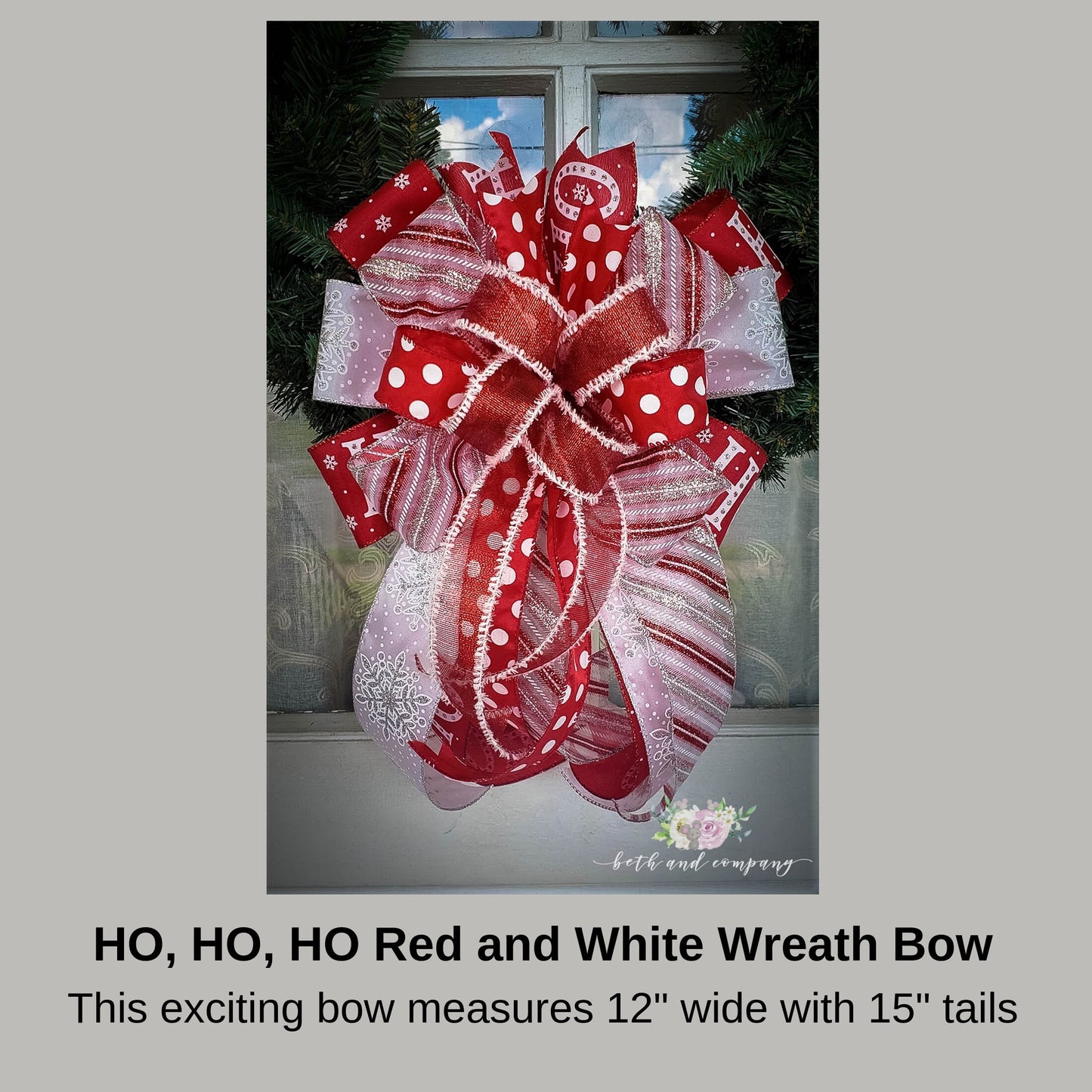 HO HO HO Red and White Wreath Bow, Candy Cane Bow