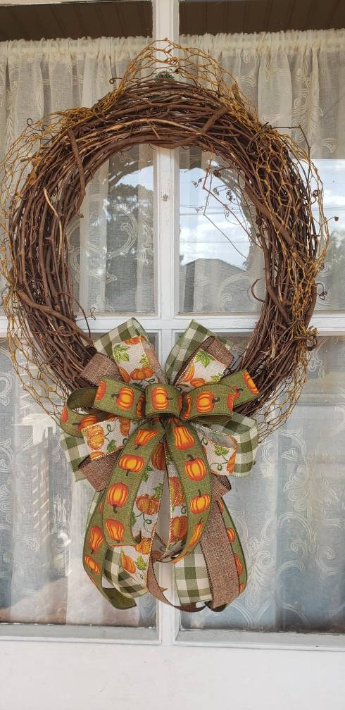 Pumpkin and Moss green plaid fall bow, Fall Wedding Decor
