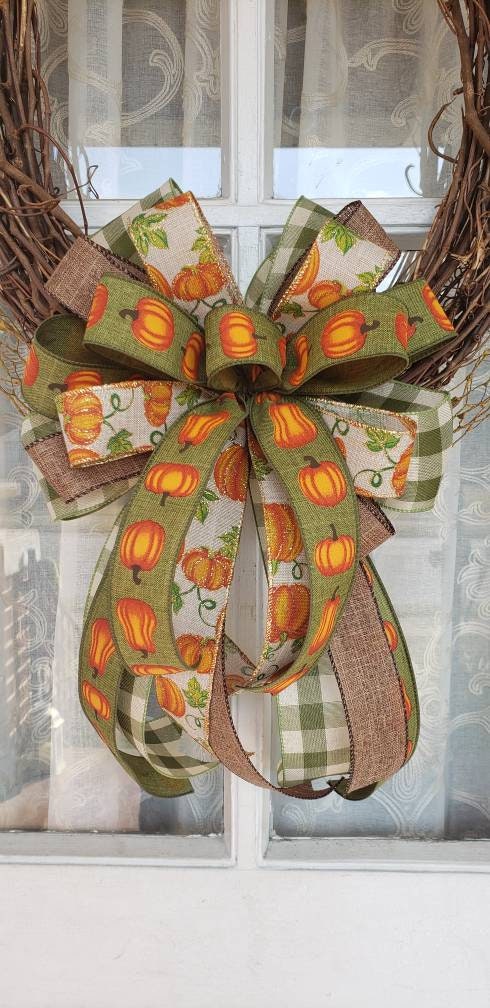 Pumpkin and Moss green plaid fall bow, Fall Wedding Decor