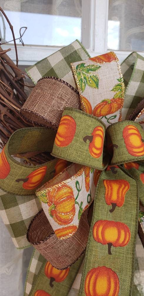 Pumpkin and Moss green plaid fall bow, Fall Wedding Decor