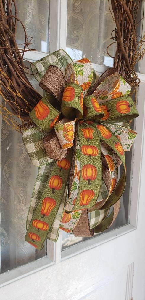 Pumpkin and Moss green plaid fall bow, Fall Wedding Decor