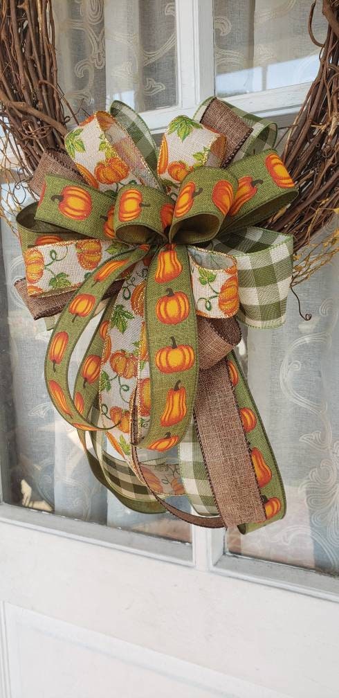 Pumpkin and Moss green plaid fall bow, Fall Wedding Decor