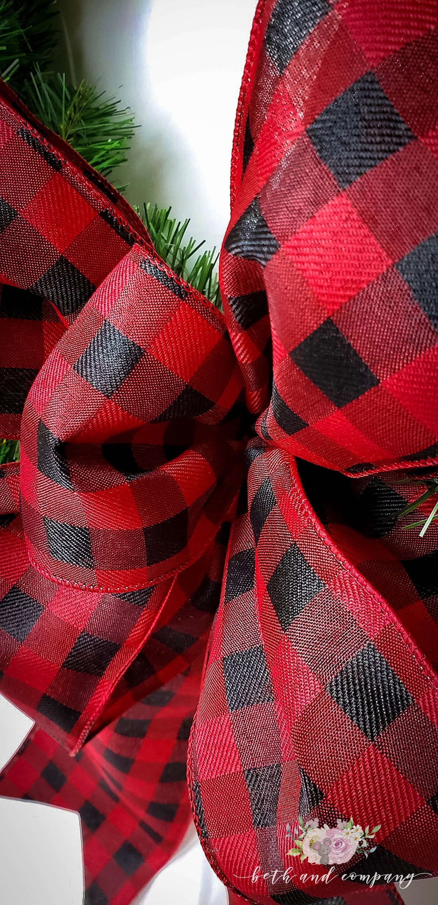 Red and Black Buffalo Plaid Wreath Bow / 4 Inch wide wired ribbon