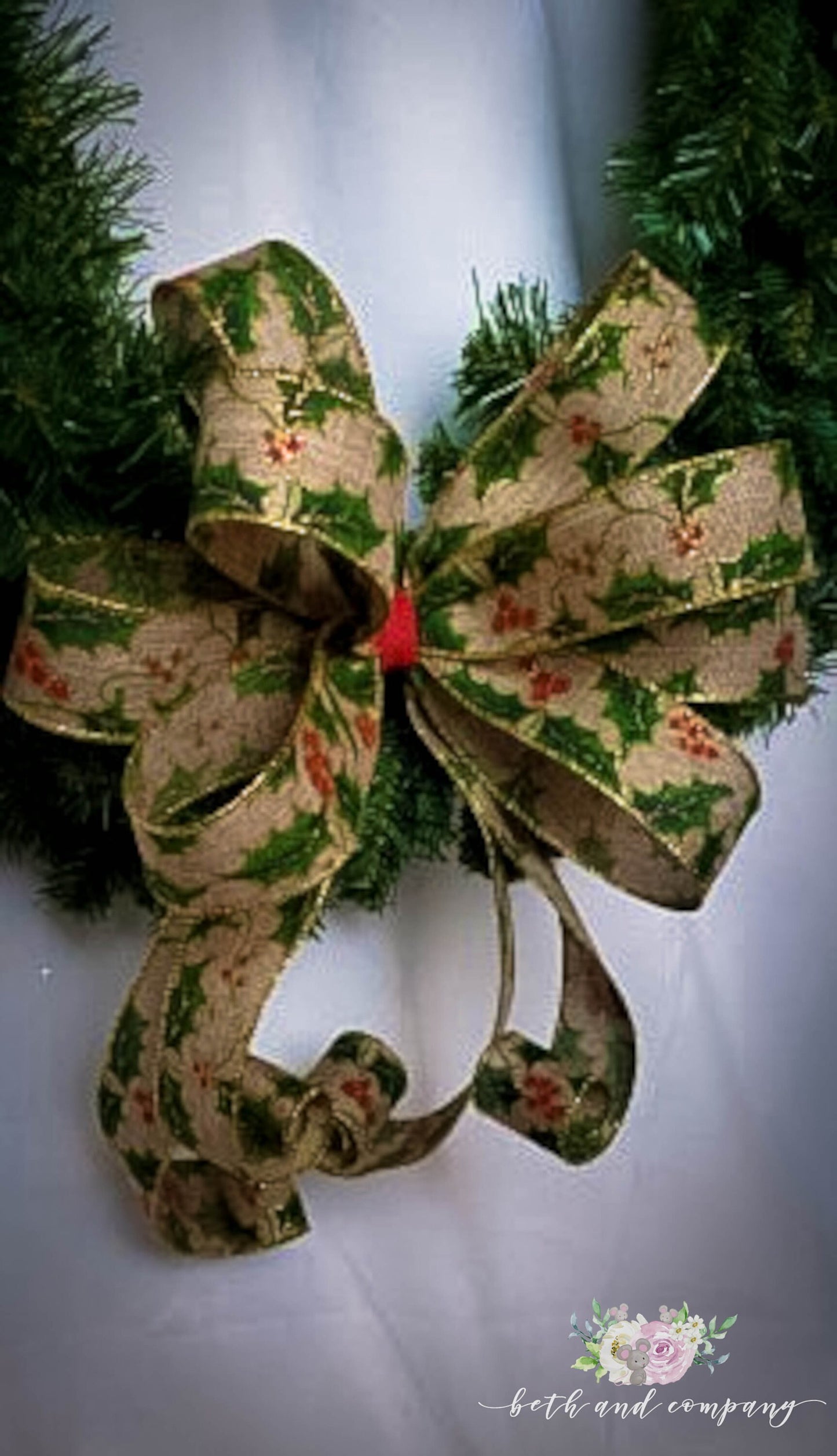 Christmas Holly & Berries Bow, Christmas Wreath Bow