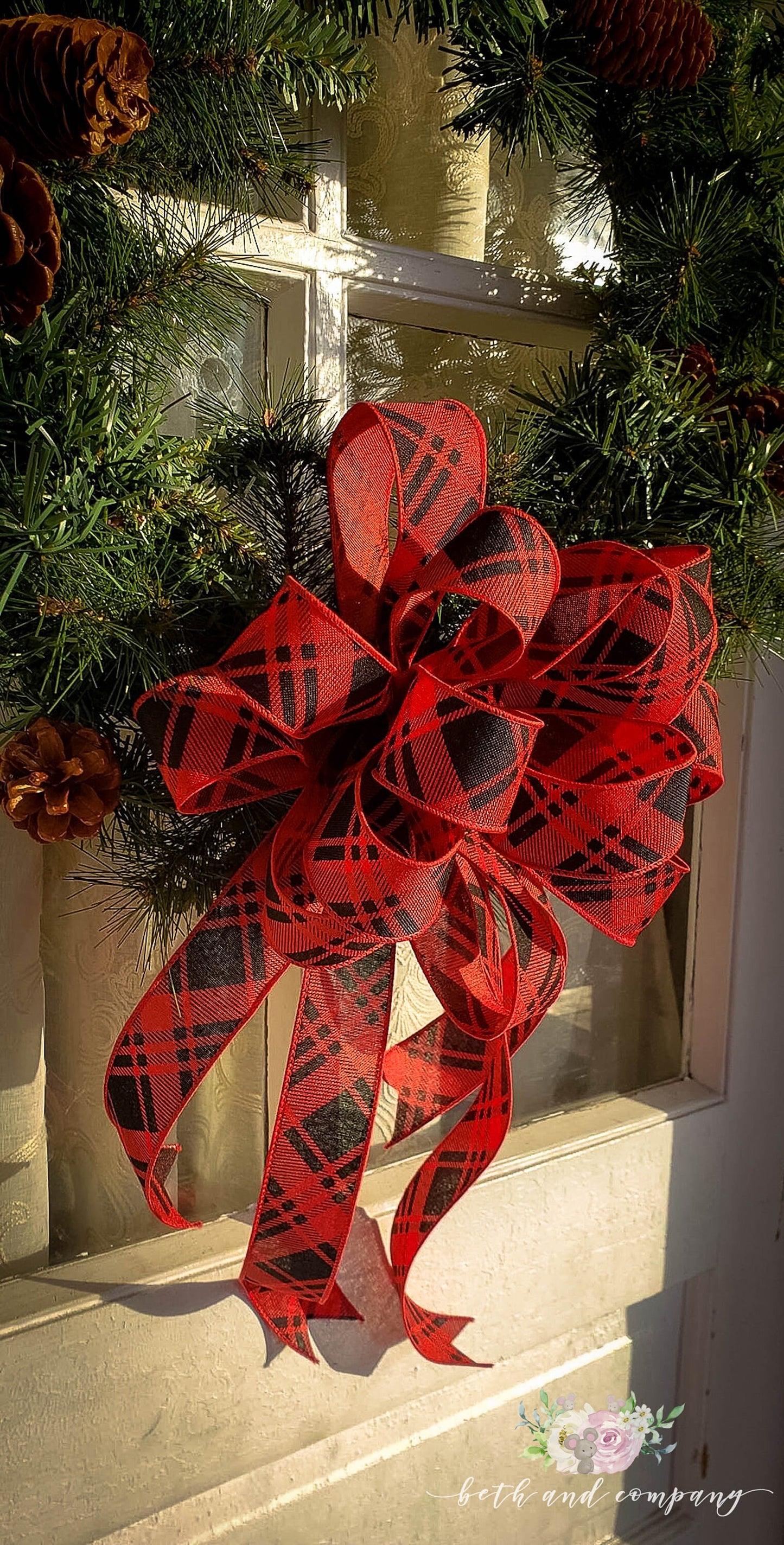 Red and Black Diagonal Plaid Wreath Bow, Farmhouse Christmas Wreath Bow