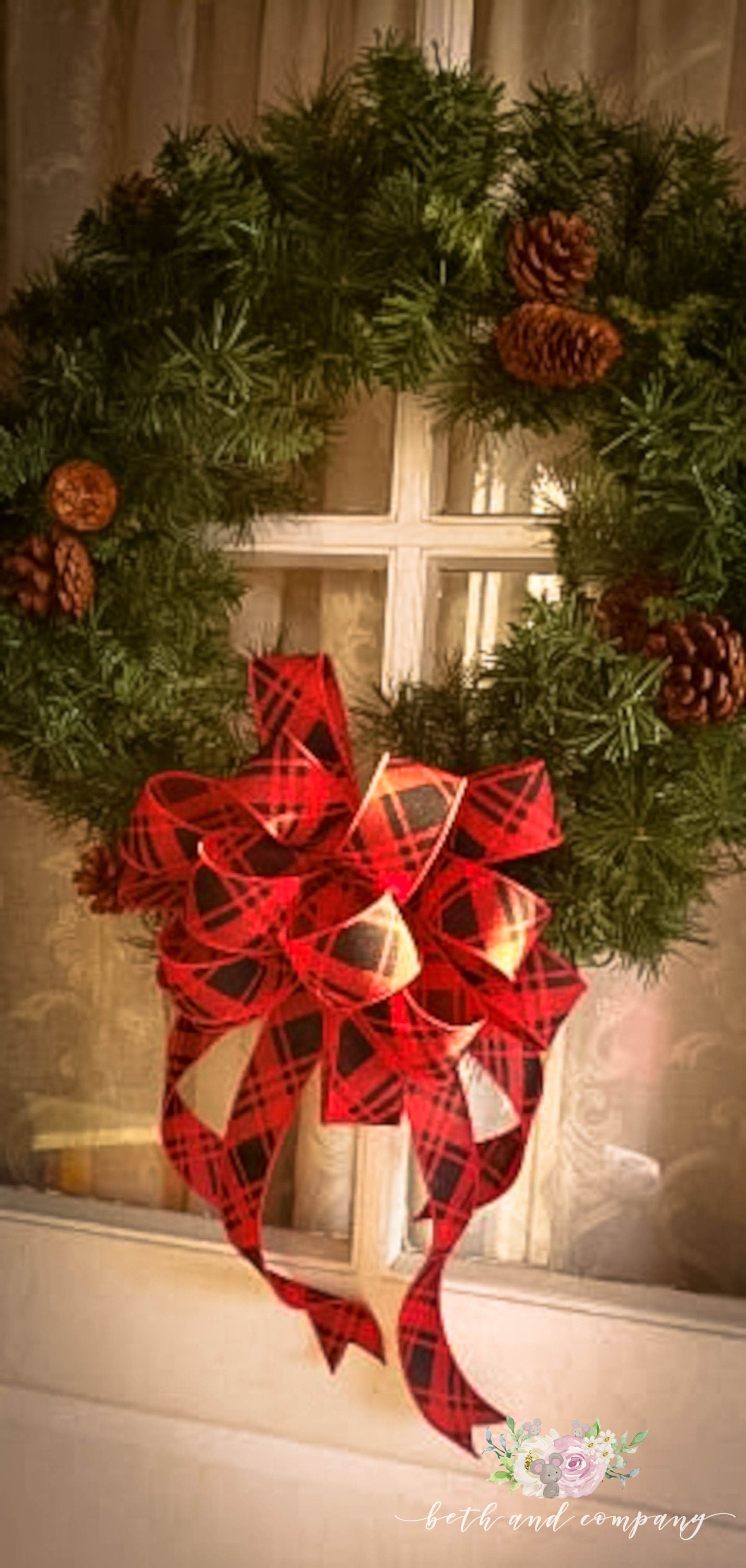 Red and Black Diagonal Plaid Wreath Bow, Farmhouse Christmas Wreath Bow
