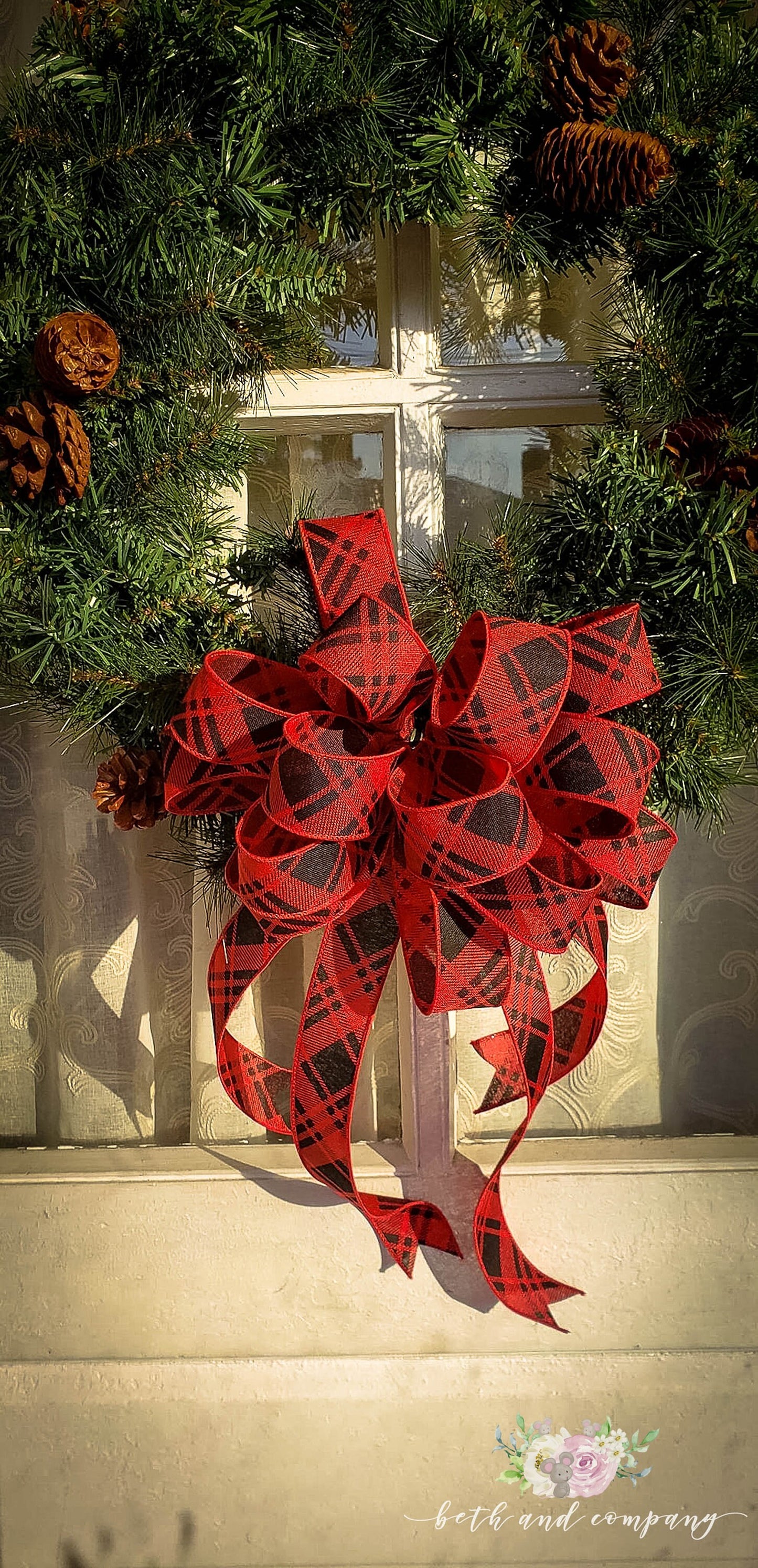 Red and Black Diagonal Plaid Wreath Bow, Farmhouse Christmas Wreath Bow