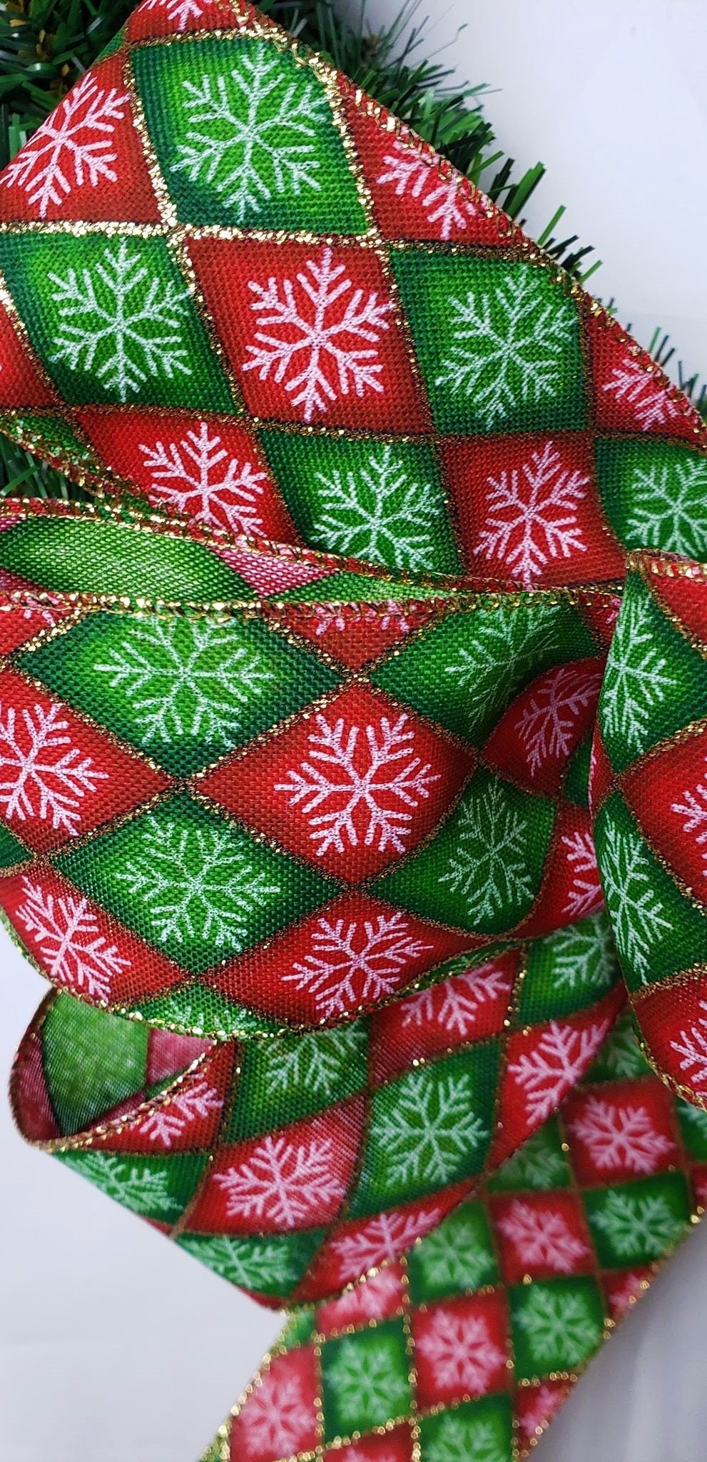 Red and Green Harlequin Snowflake Christmas Bow