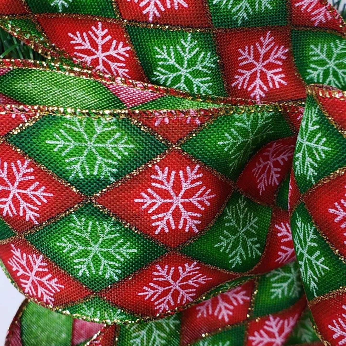 Red and Green Harlequin Snowflake Christmas Bow