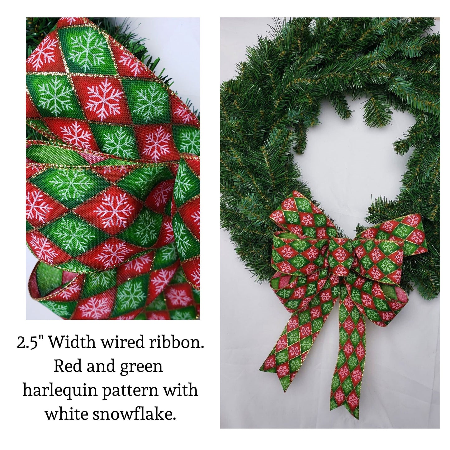Red and Green Harlequin Snowflake Christmas Bow