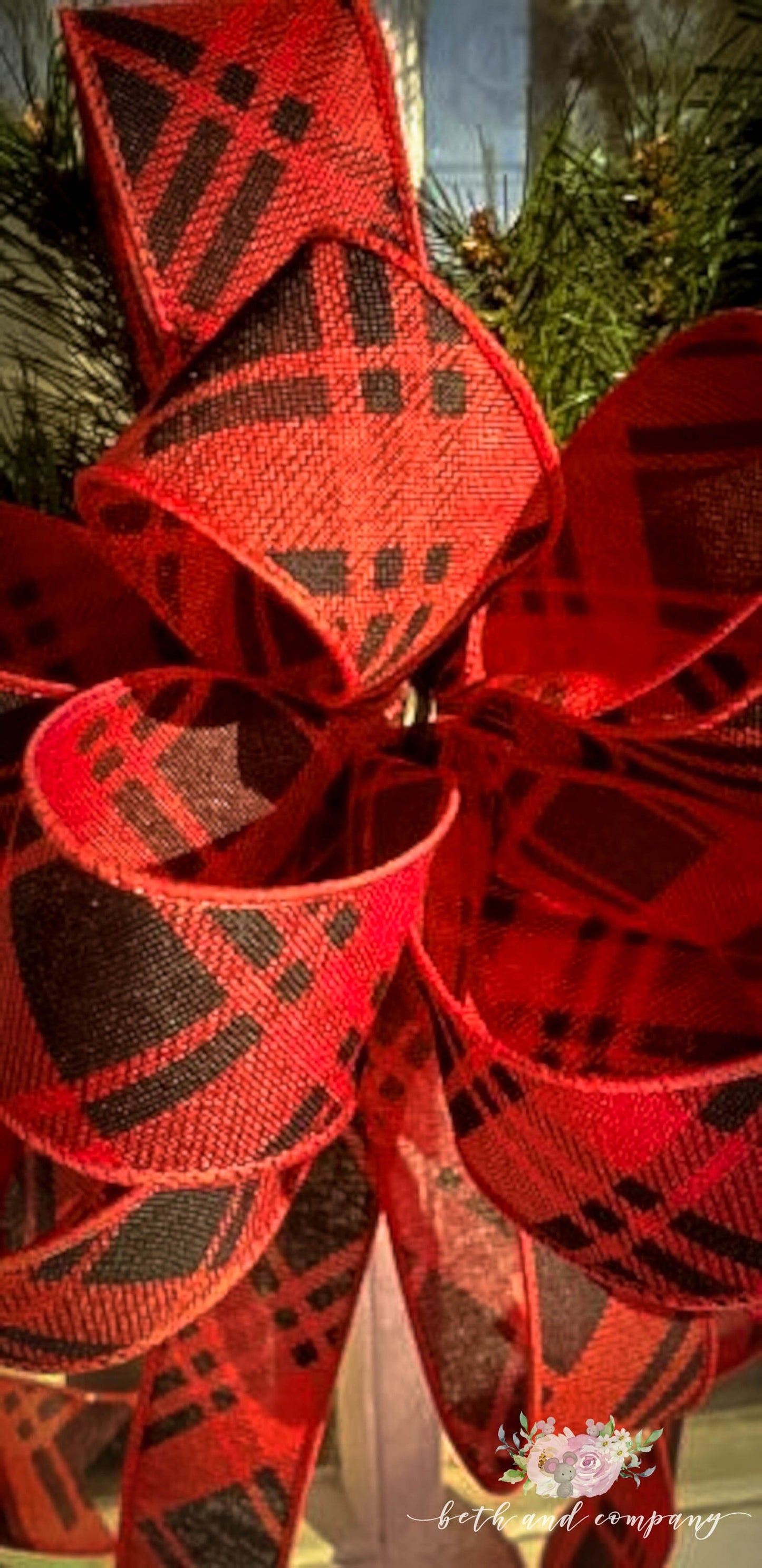 Red and Black Diagonal Plaid Wreath Bow, Farmhouse Christmas Wreath Bow