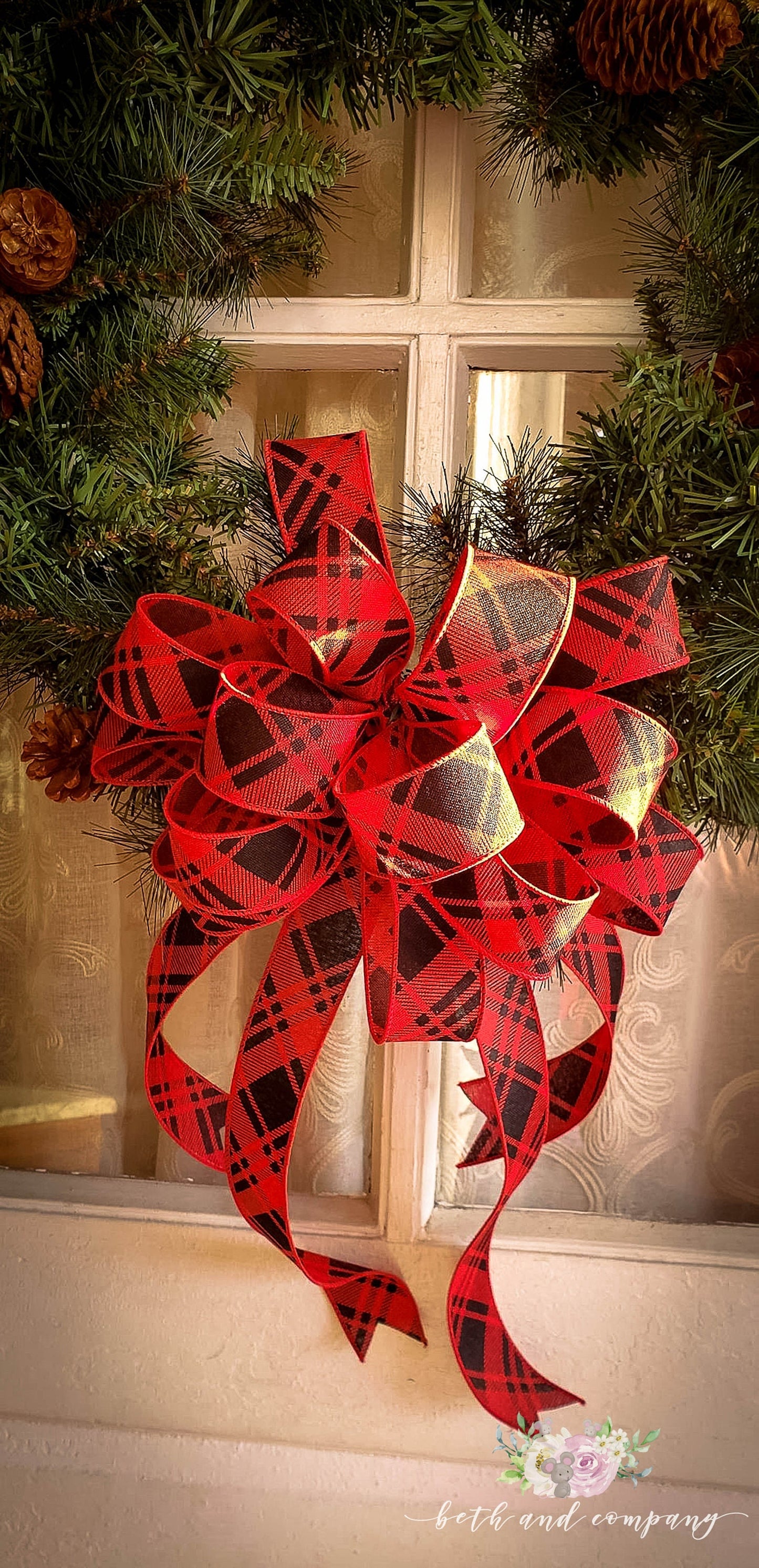 Red and Black Diagonal Plaid Wreath Bow, Farmhouse Christmas Wreath Bow