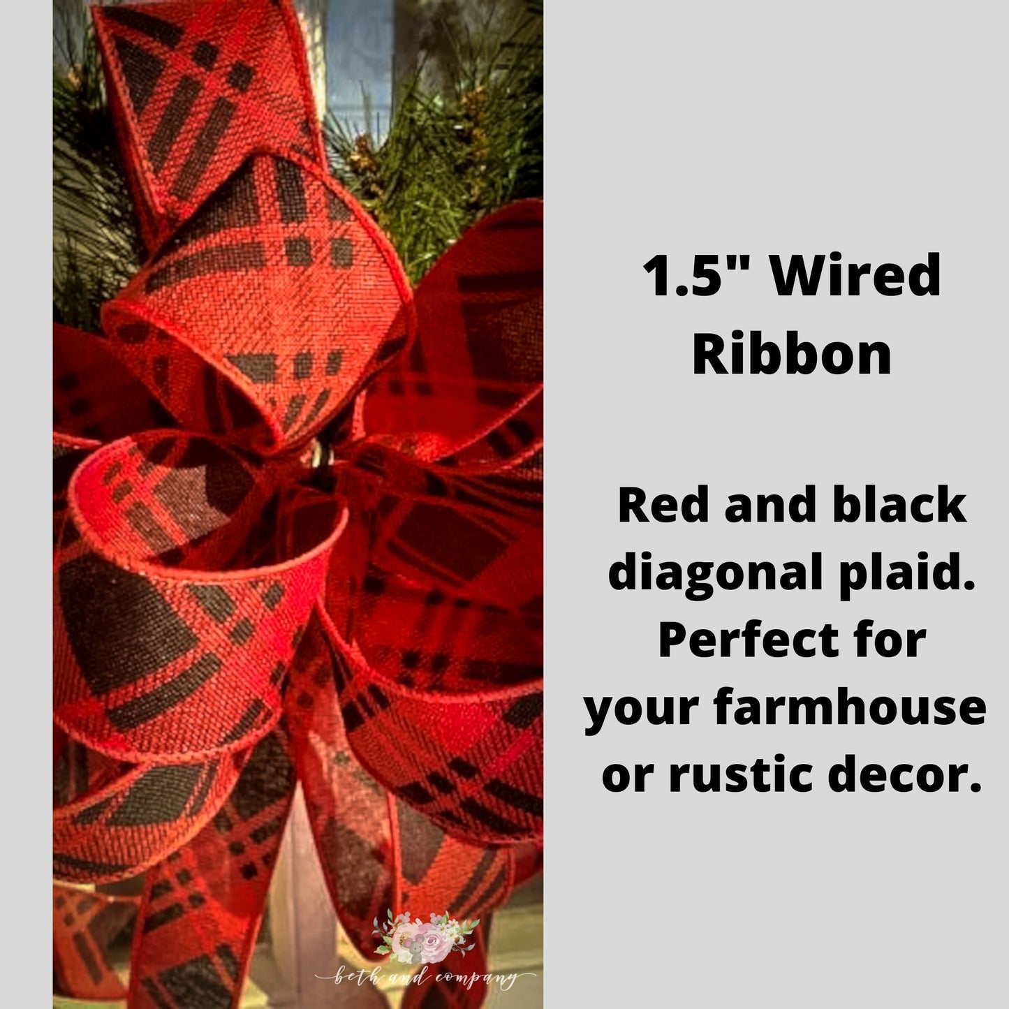 Red and Black Diagonal Plaid Wreath Bow, Farmhouse Christmas Wreath Bow