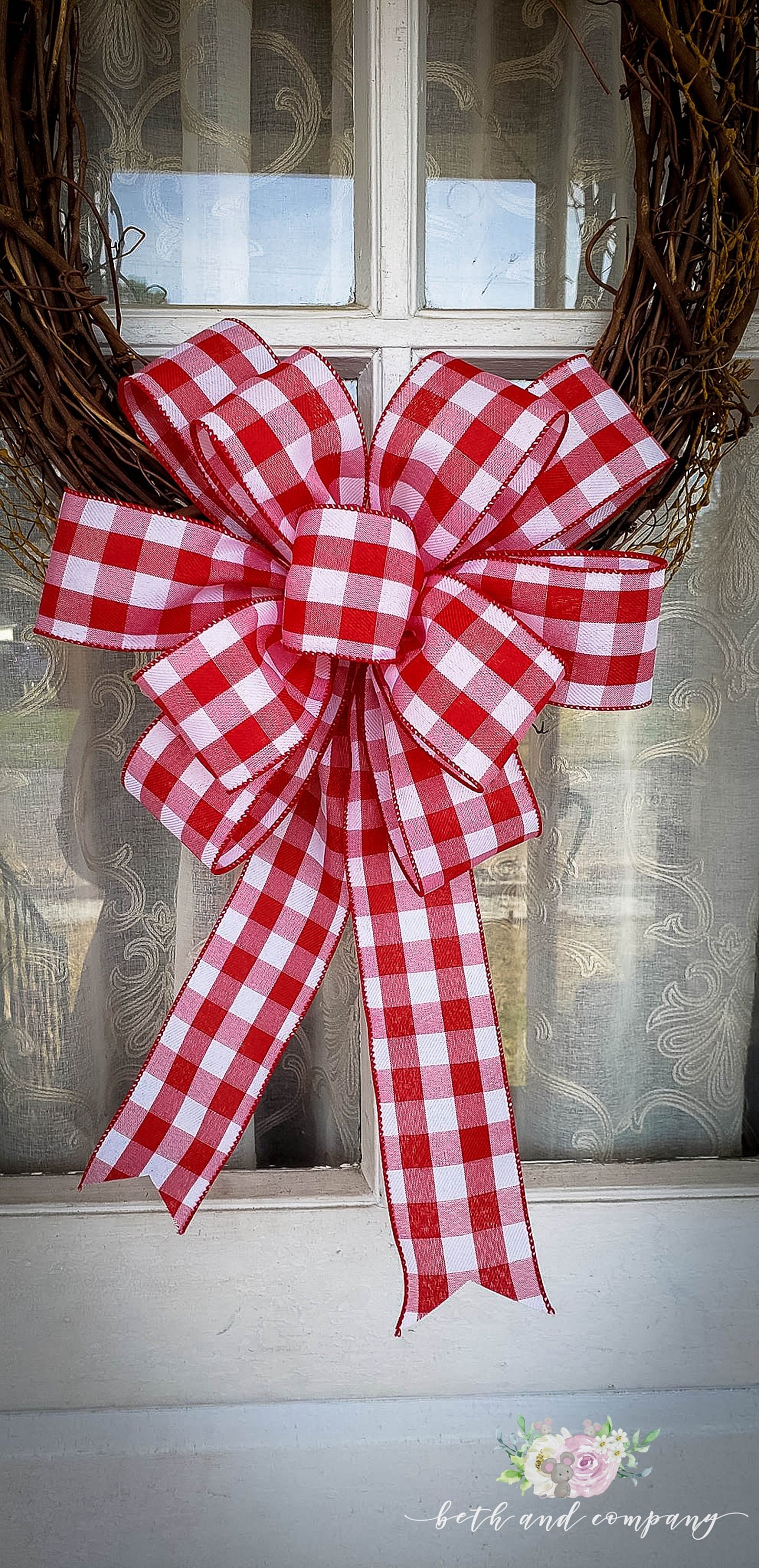Red and White Buffalo Plaid Valentine Wreath Bow, Thin Profile Bow, Valentine Bows