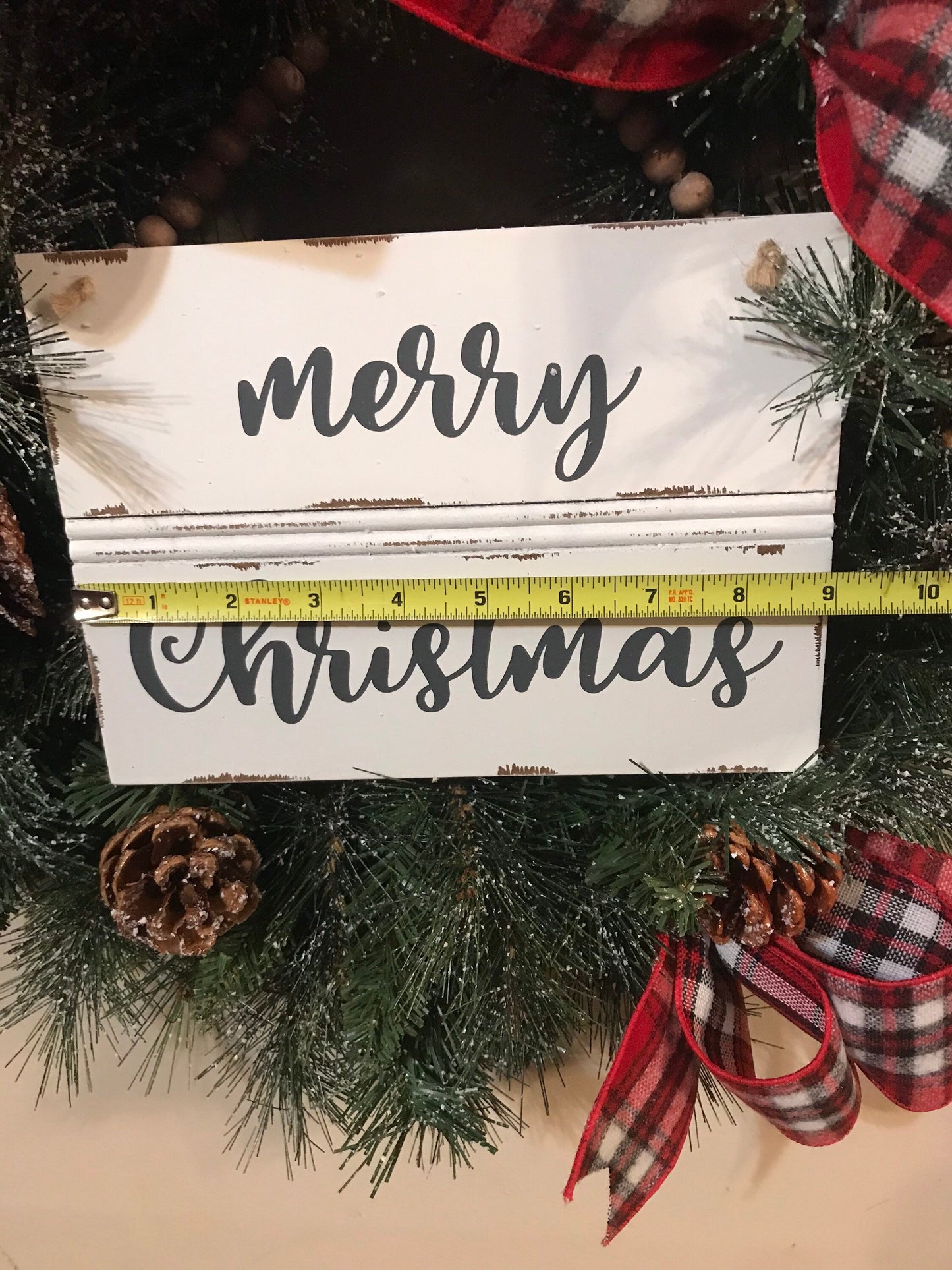 24” Frosted Evergreen Christmas Wreath with plaid bow and Merry Christmas wooden sign