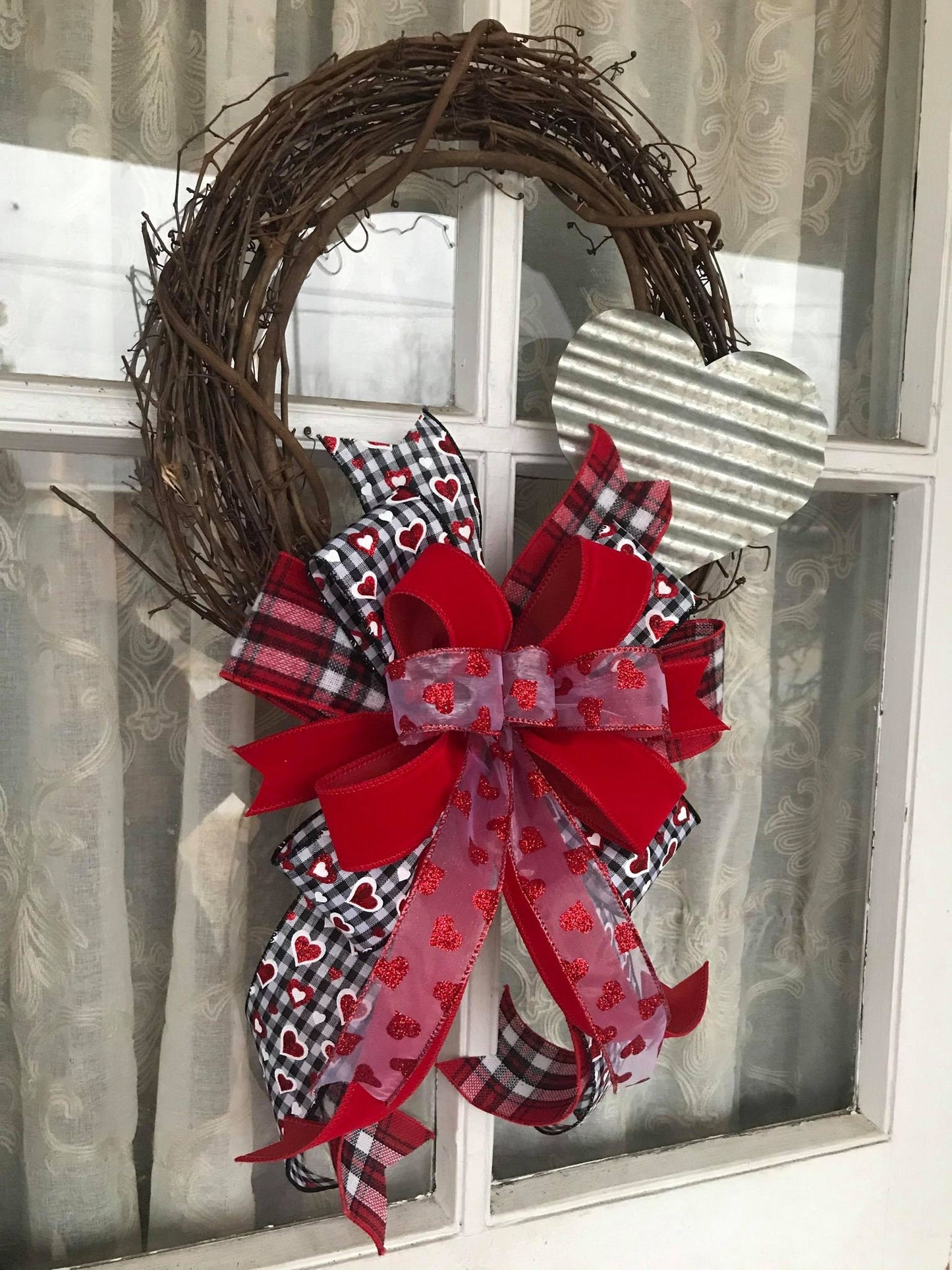 Farmhouse Valentine's Day Black and White Buffalo Plaid Wreath with Galvanized Heart