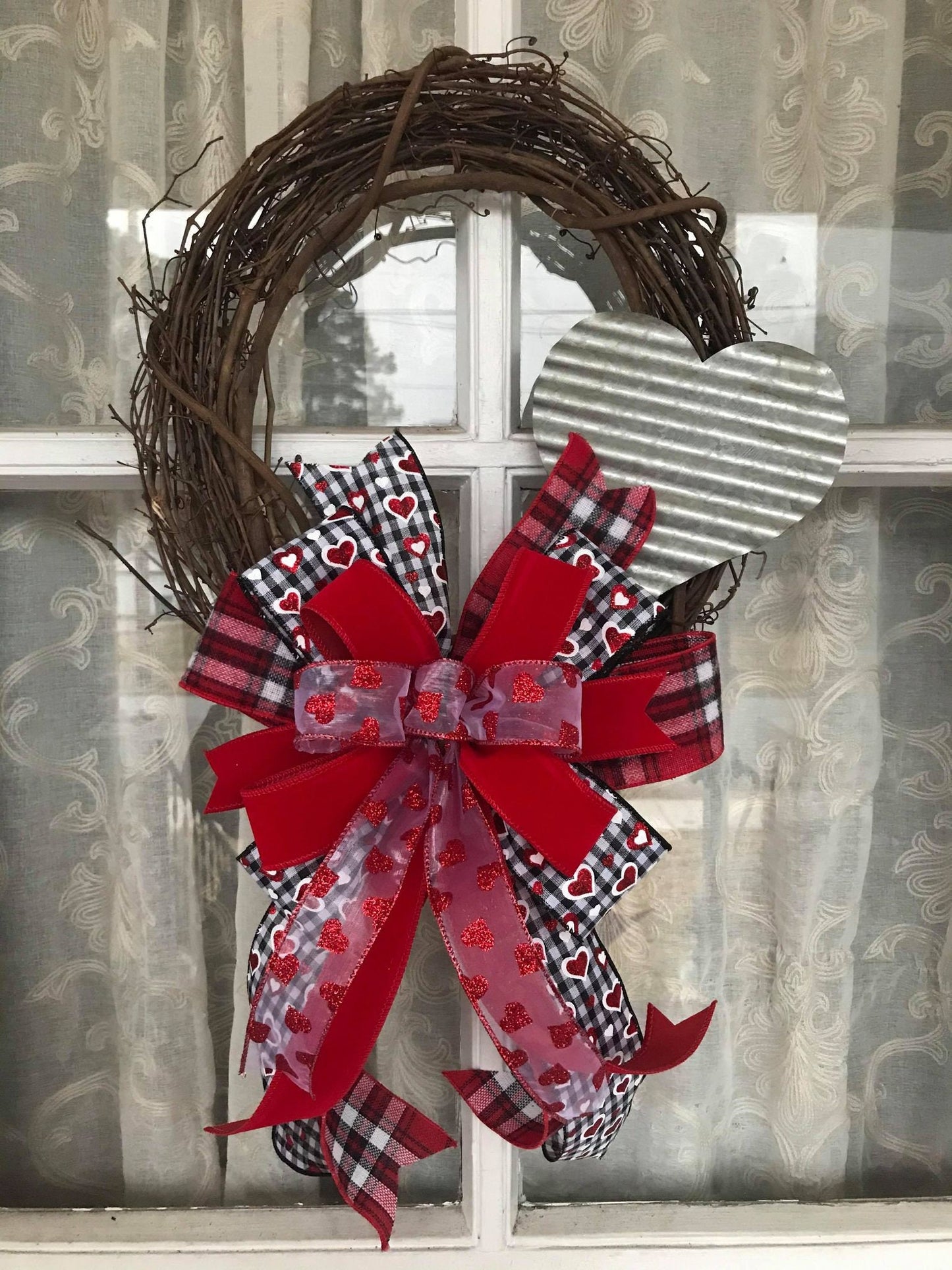 Farmhouse Valentine's Day Black and White Buffalo Plaid Wreath with Galvanized Heart
