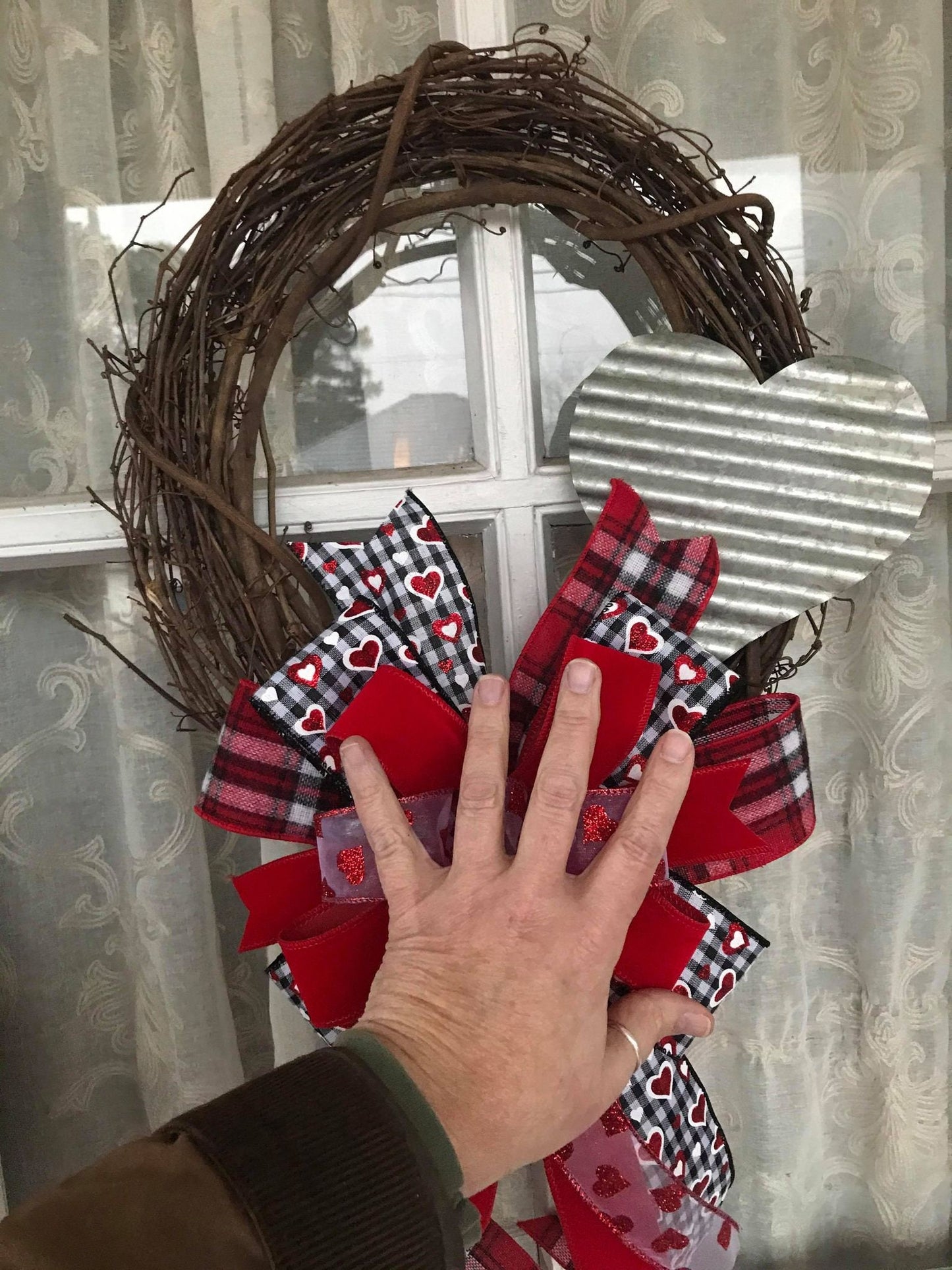 Farmhouse Valentine's Day Black and White Buffalo Plaid Wreath with Galvanized Heart