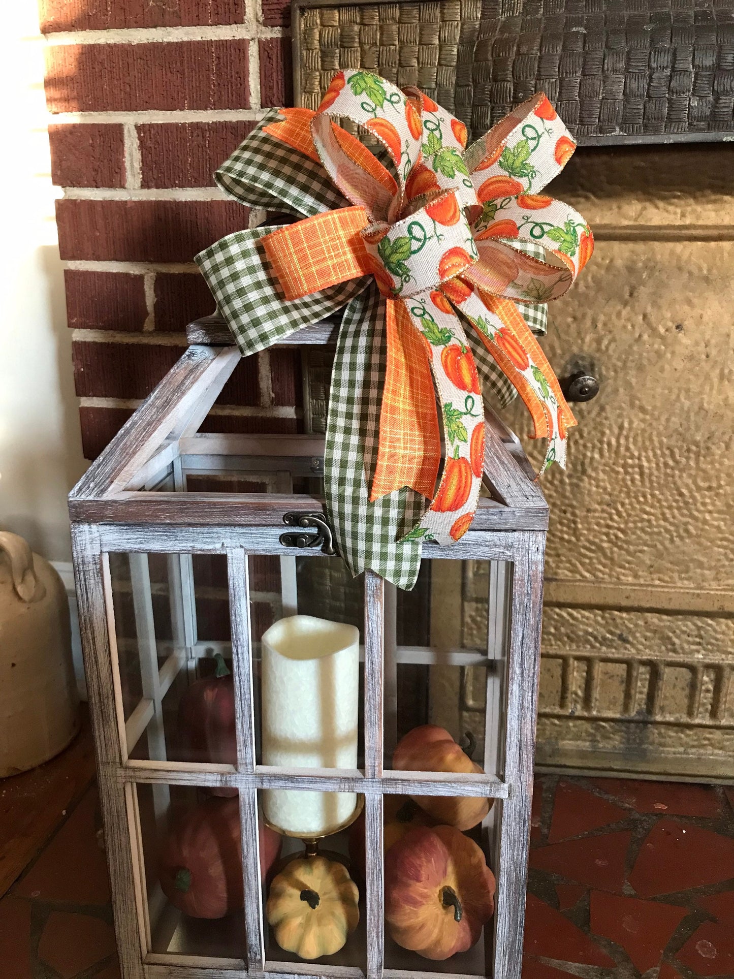 Fall Lantern Bow, Fall Orange Pumpkin Bow, Wreath bow, 11 Inch bow