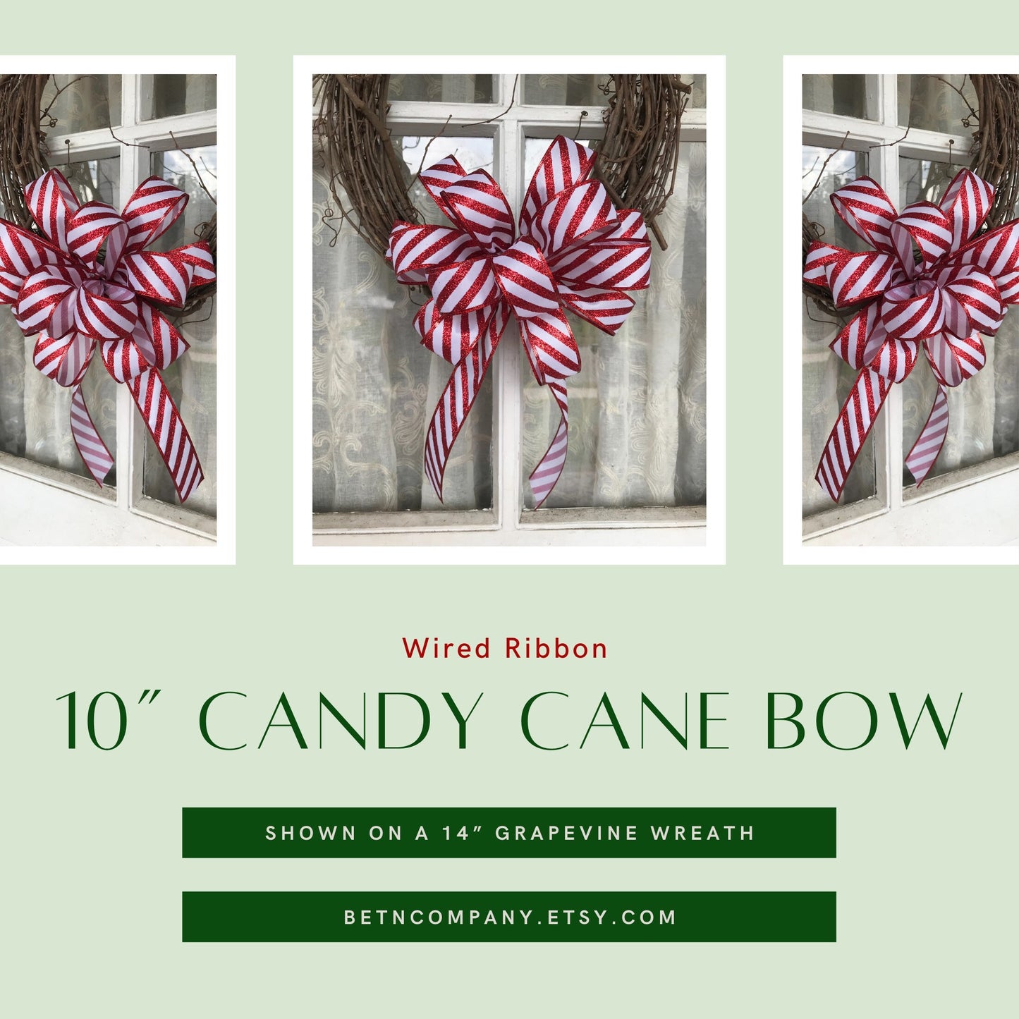 Christmas Bow, Candy Cane Bow, Red Glitter Bow - Beth and Company
