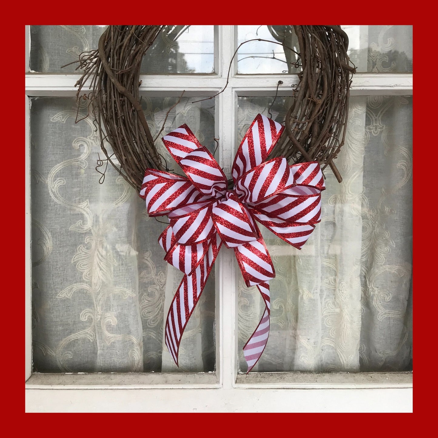 Christmas Bow, Candy Cane Bow, Red Glitter Bow - Beth and Company