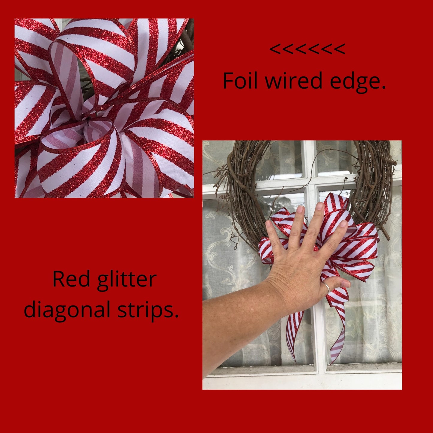 Christmas Bow, Candy Cane Bow, Red Glitter Bow - Beth and Company