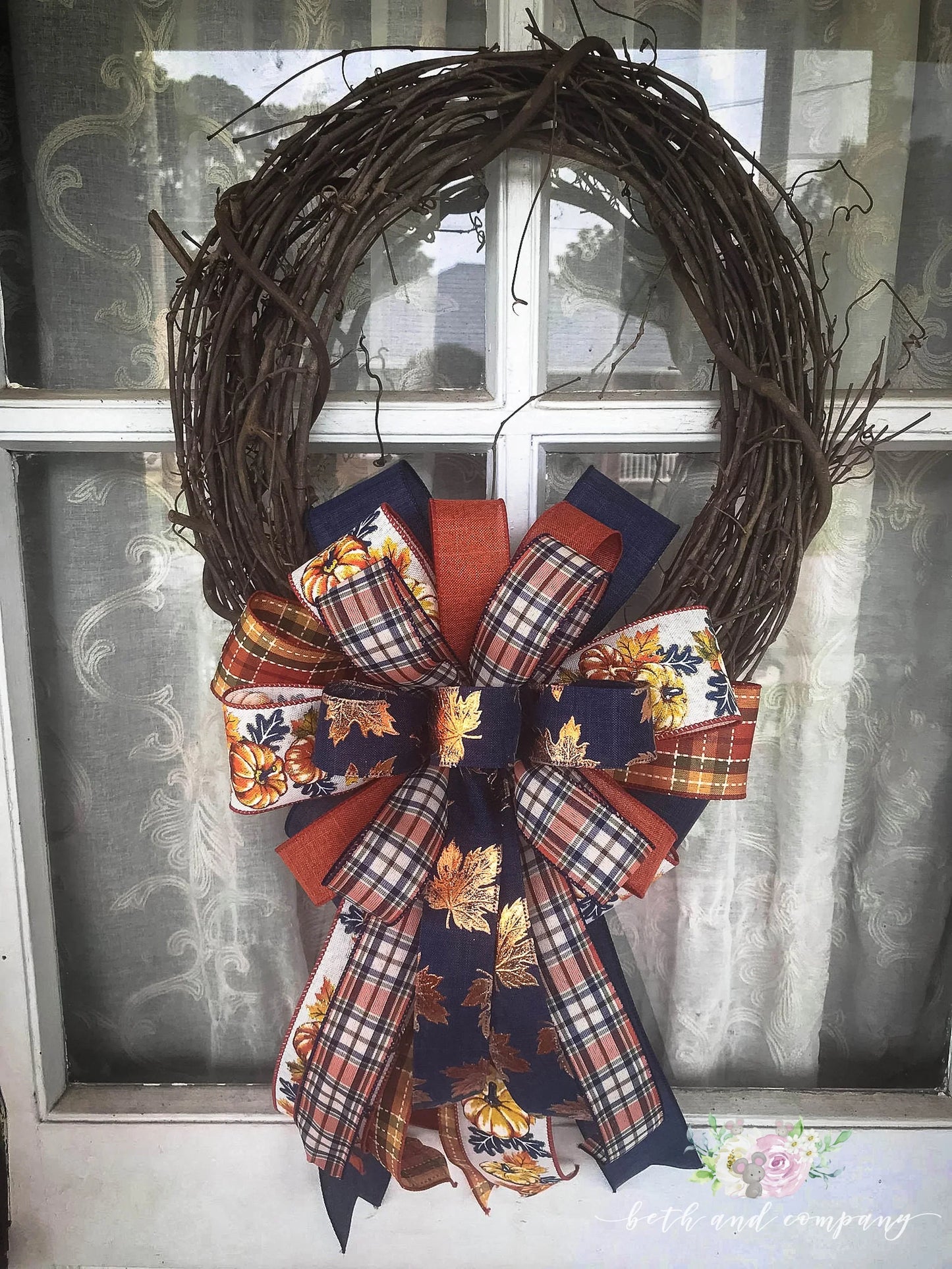 Fall Bow, Navy Fall Wreath Bow, Fall Mixed Ribbon Bow - Beth and Company