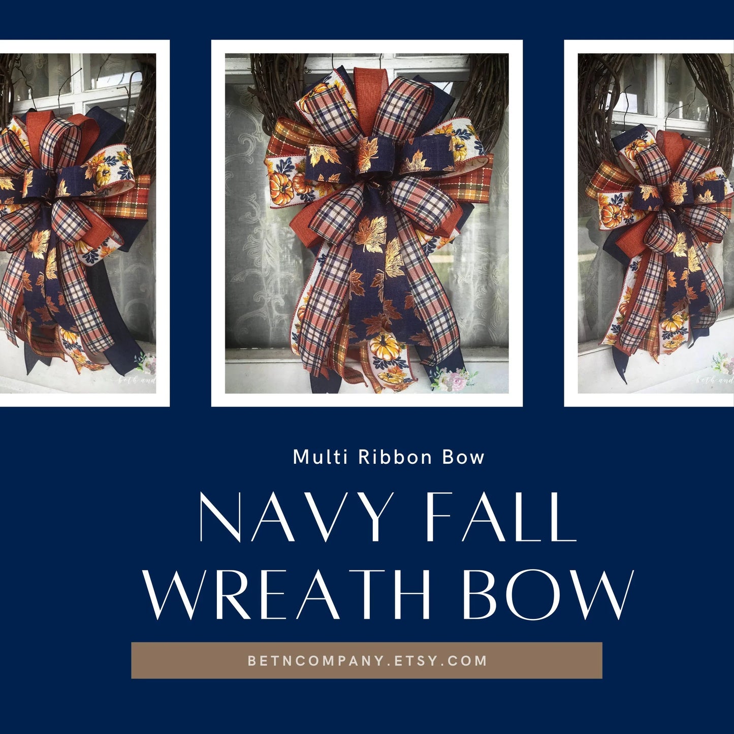 Fall Bow, Navy Fall Wreath Bow, Fall Mixed Ribbon Bow - Beth and Company