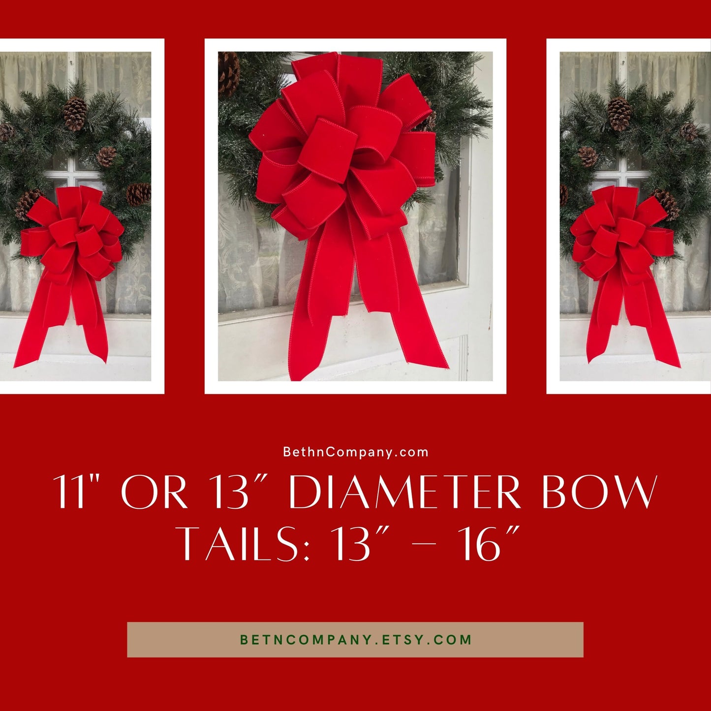 OUTDOOR Red Velvet Christmas wreath bow, Weatherproof Christmas Bow, 2.5" width wired red velvet, FREE shipping