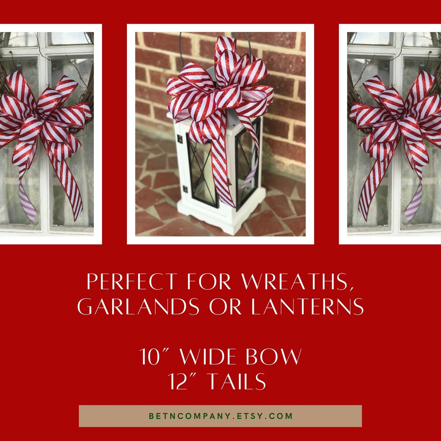 Christmas Bow, Candy Cane Bow, Red Glitter Bow - Beth and Company