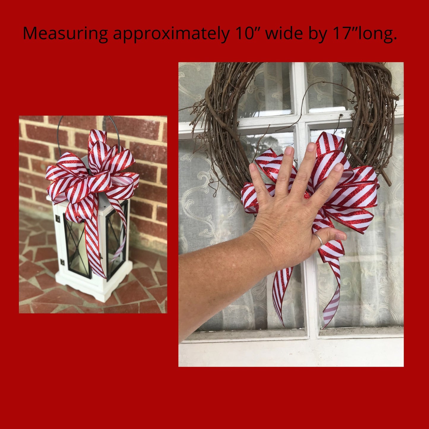 Christmas Bow, Candy Cane Bow, Red Glitter Bow - Beth and Company