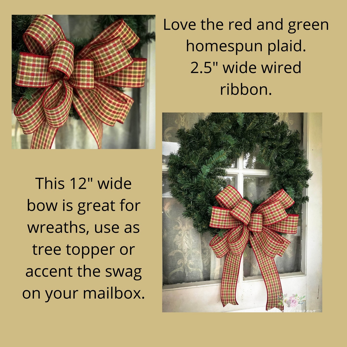 Christmas Bow, Homespun Christmas Plaid Bow, Farmhouse Christmas Wreath Bow - Beth and Company